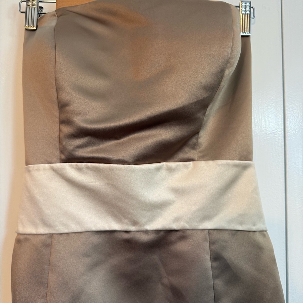 NWT Bill Levkoff Strapless Satin Bridesmaid Dress in Tan and Cream - Picture 5 of 6